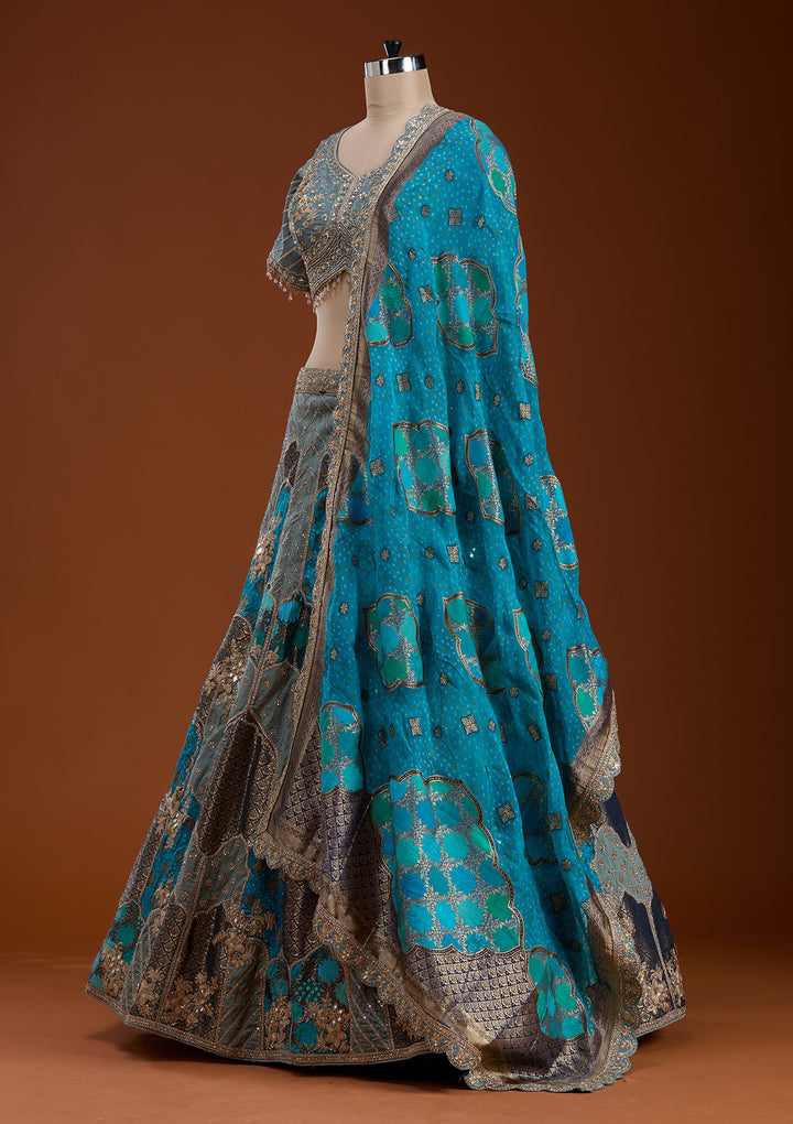 Turquoise Blue Zariwork Banarasi Readymade Lehenga