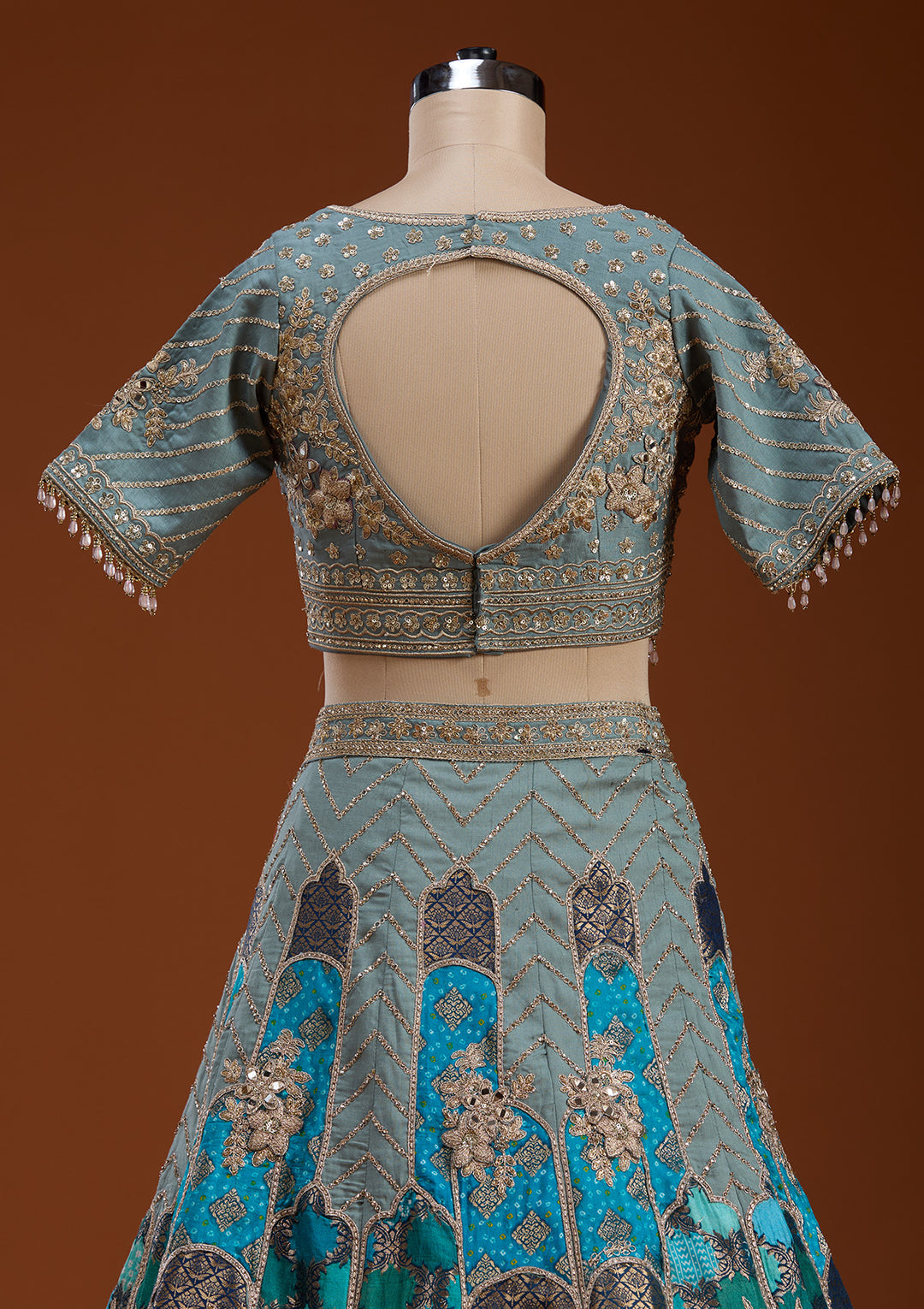 Turquoise Blue Zariwork Banarasi Readymade Lehenga