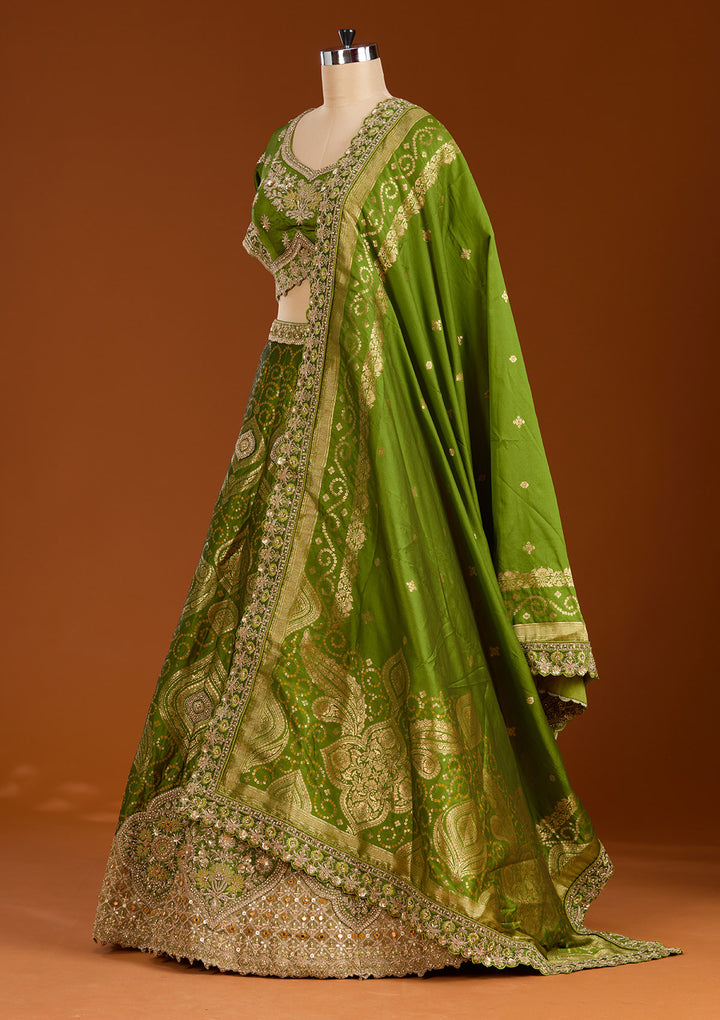 Parrot Green Zariwork Banarasi Readymade Lehenga