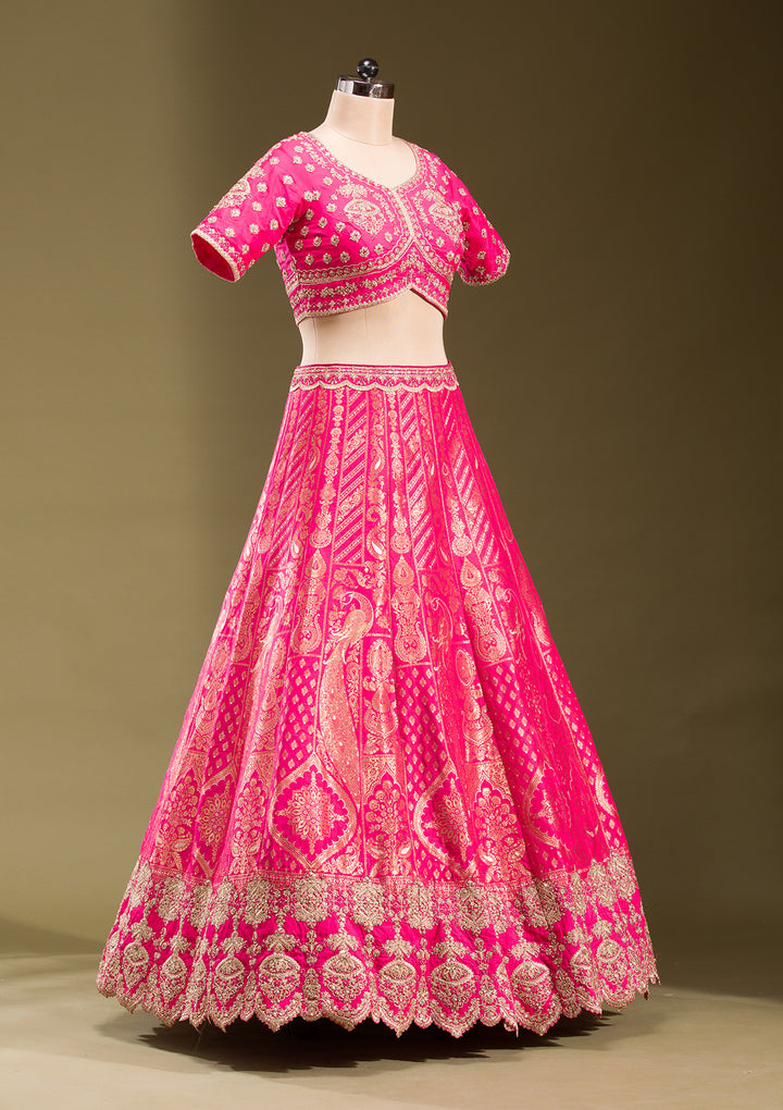 Rani Pink Zariwork Banarasi Readymade Lehenga