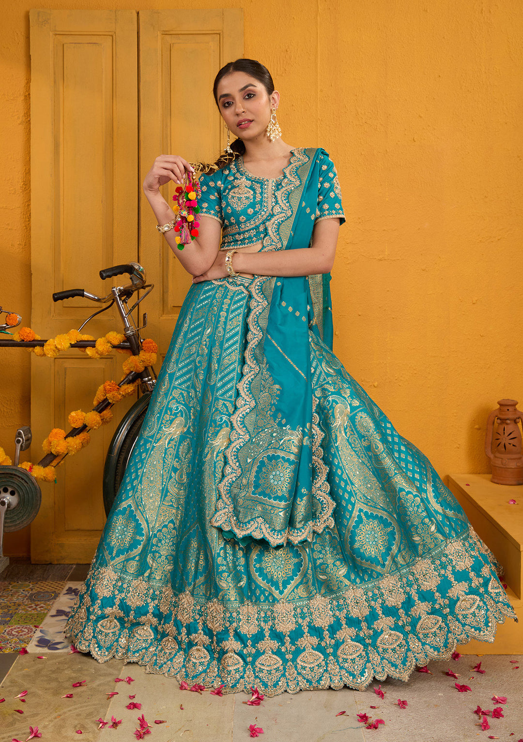 Turquoise Blue Zariwork Banarasi Readymade Lehenga