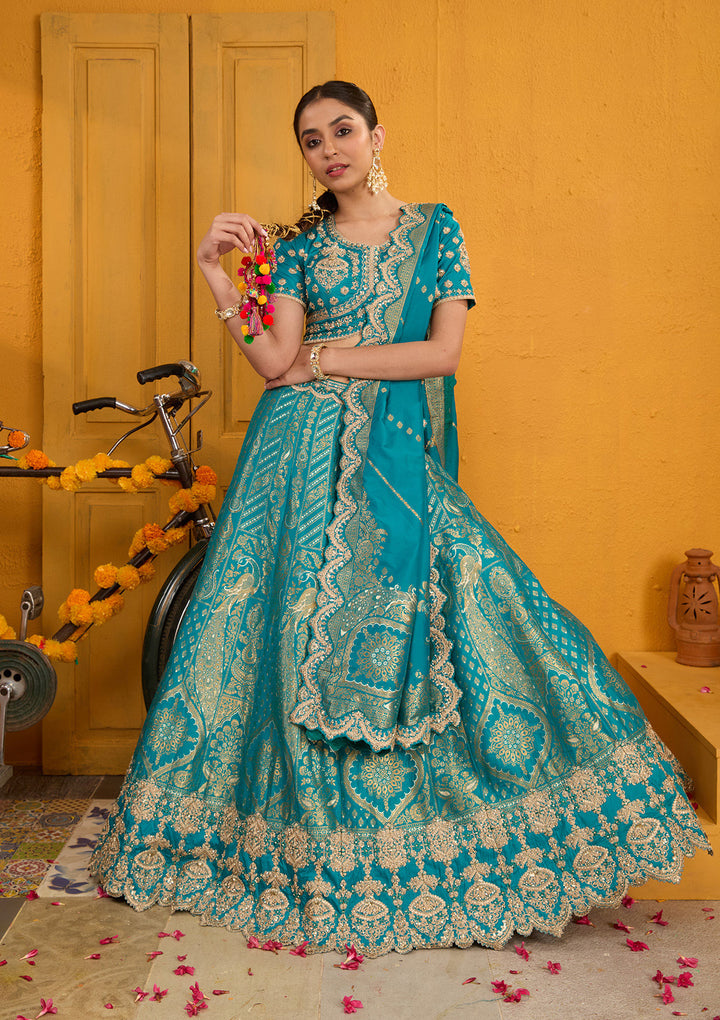 Turquoise Blue Zariwork Banarasi Readymade Lehenga
