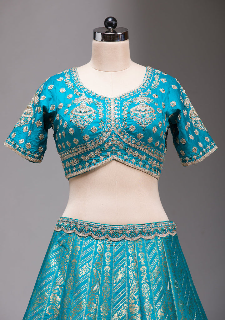 Turquoise Blue Zariwork Banarasi Readymade Lehenga