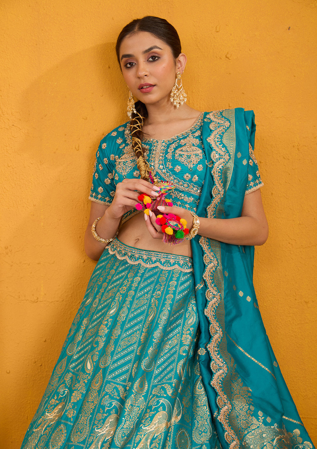 Turquoise Blue Zariwork Banarasi Readymade Lehenga