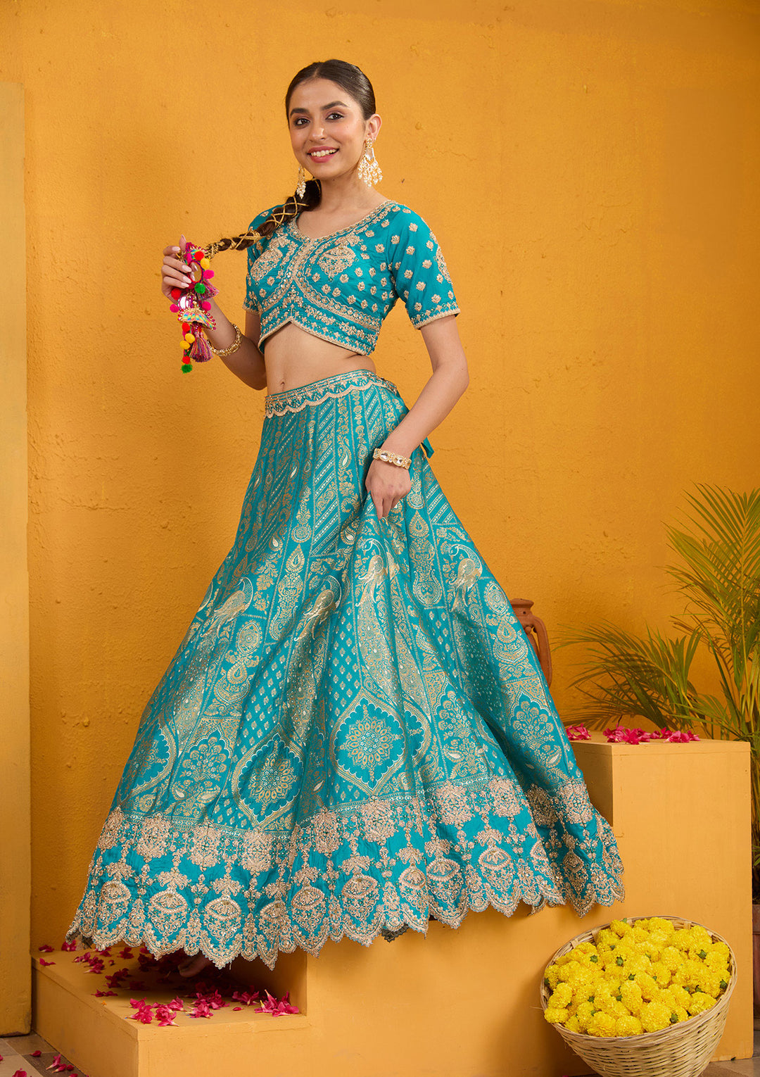 Turquoise Blue Zariwork Banarasi Readymade Lehenga