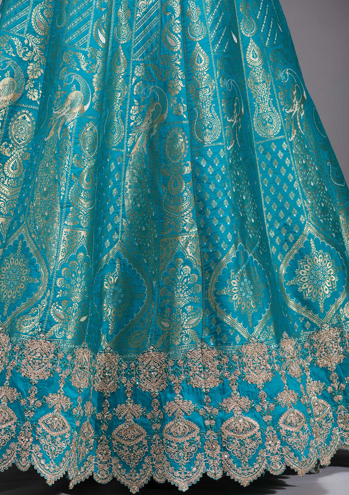 Turquoise Blue Zariwork Banarasi Readymade Lehenga