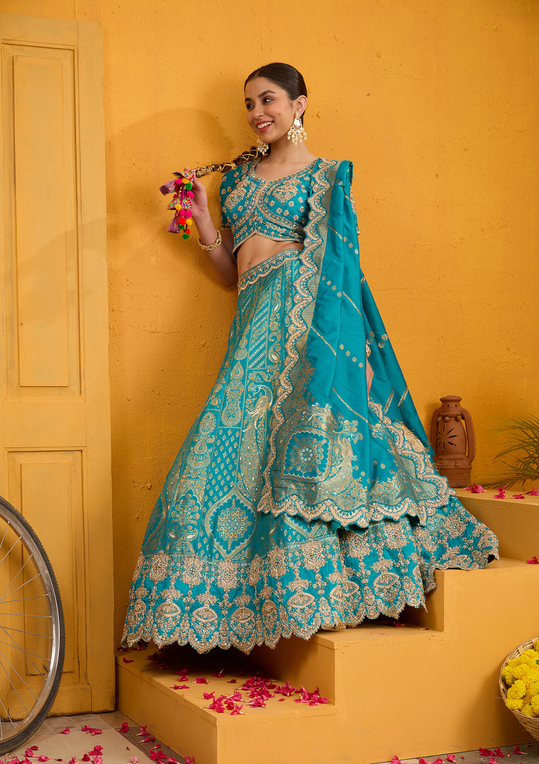 Turquoise Blue Zariwork Banarasi Readymade Lehenga