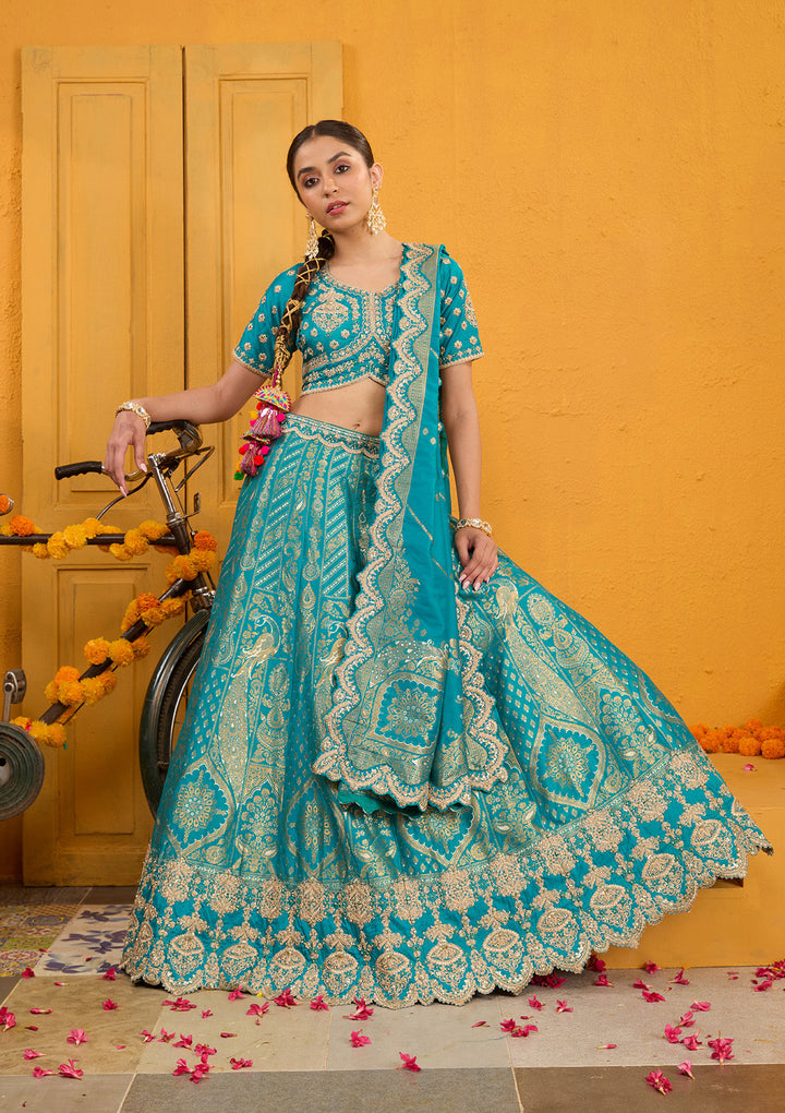 Turquoise Blue Zariwork Banarasi Readymade Lehenga