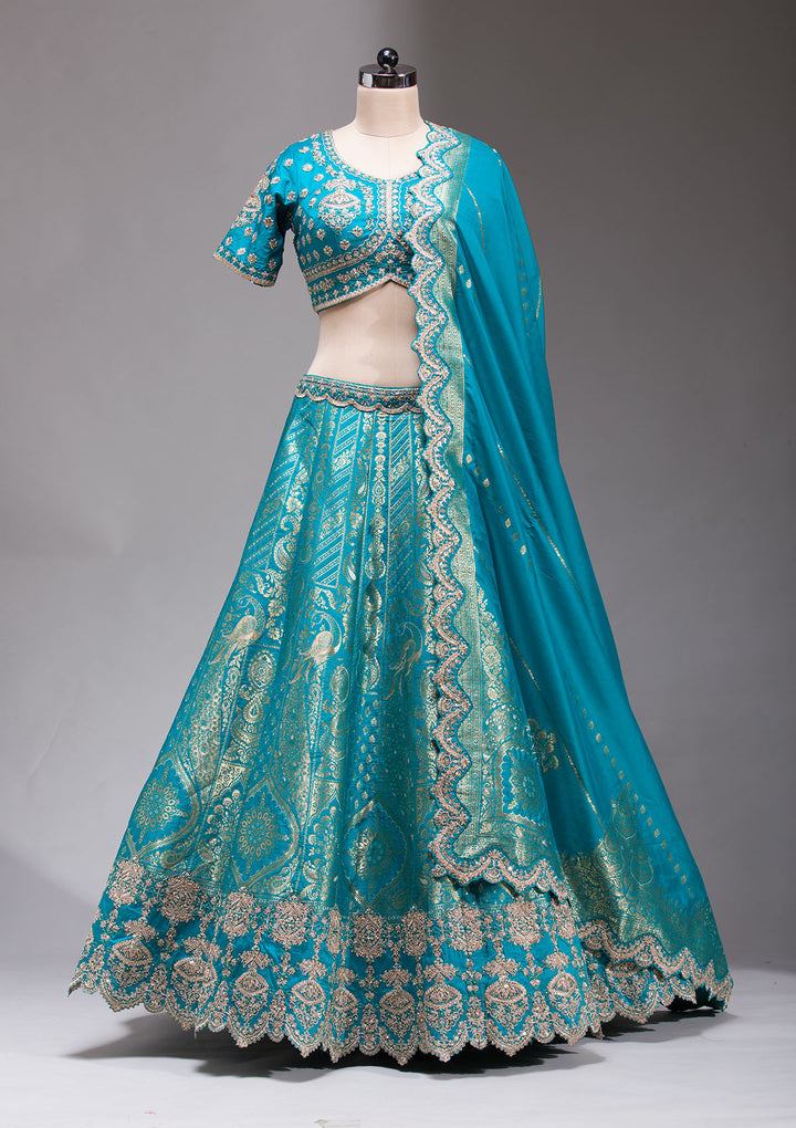 Turquoise Blue Zariwork Banarasi Readymade Lehenga