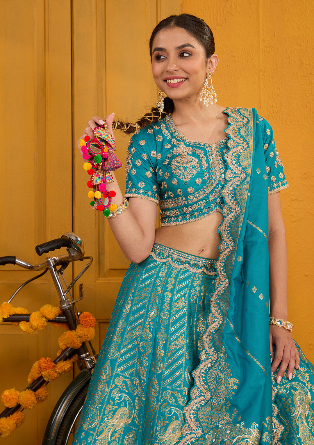 Turquoise Blue Zariwork Banarasi Readymade Lehenga