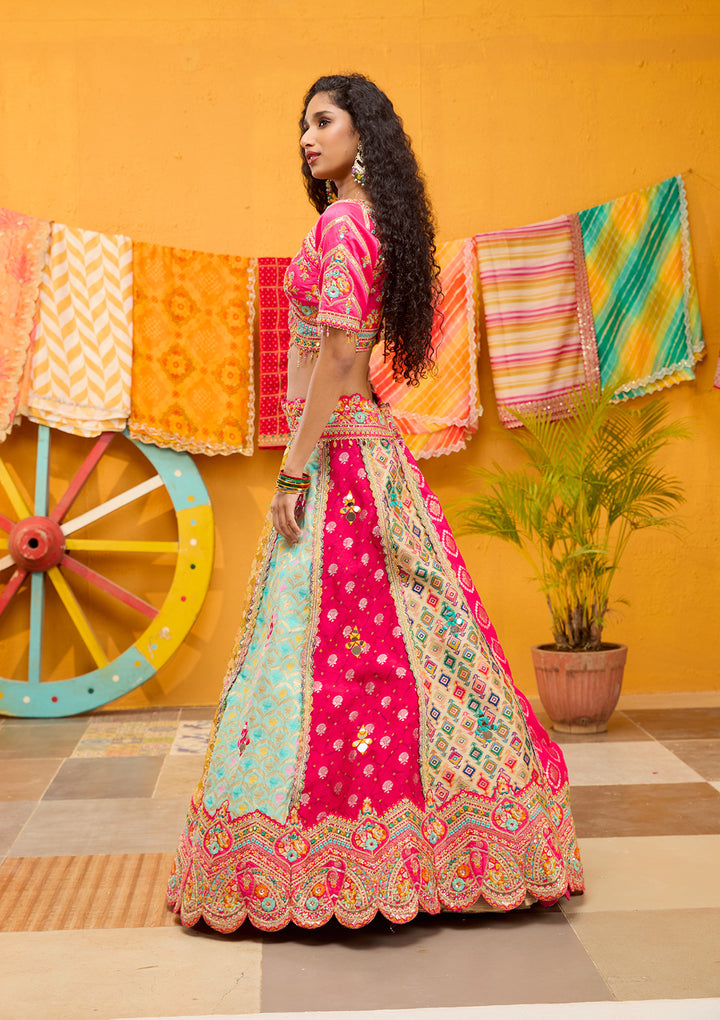 Rani Pink Threadwork Banarasi Readymade Lehenga