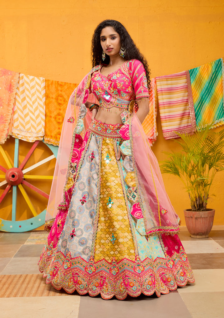 Rani Pink Threadwork Banarasi Readymade Lehenga