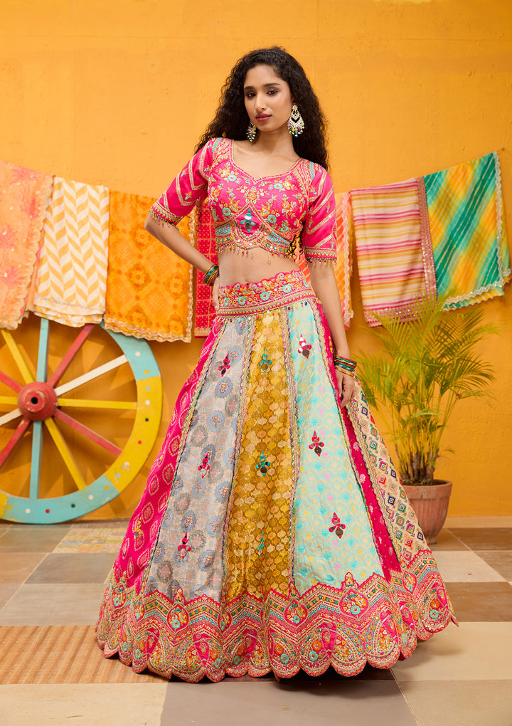 Rani Pink Threadwork Banarasi Readymade Lehenga