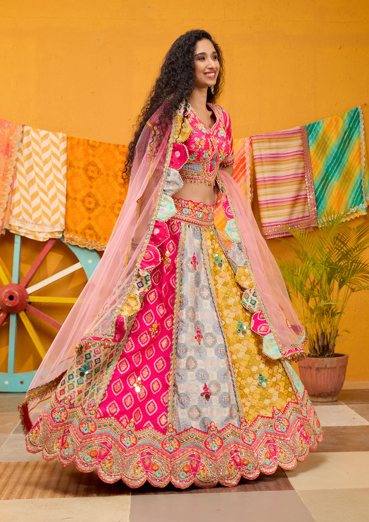 Rani Pink Threadwork Banarasi Readymade Lehenga