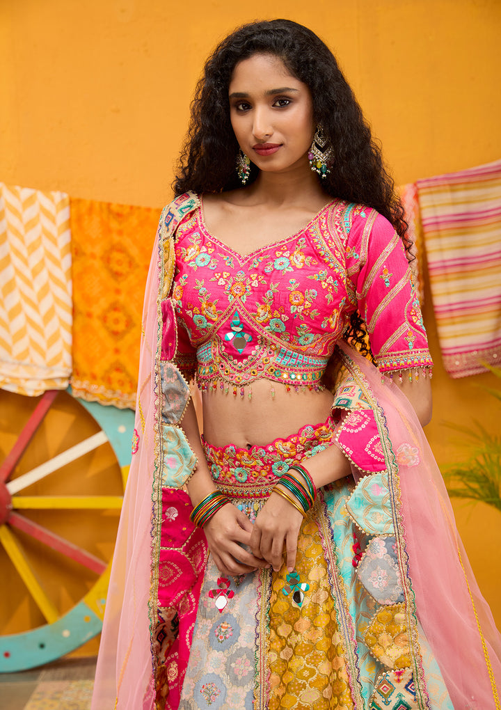 Rani Pink Threadwork Banarasi Readymade Lehenga