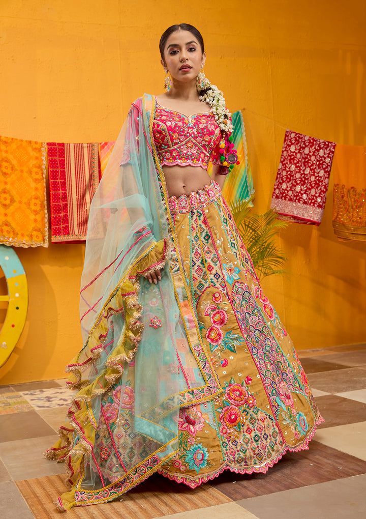 Rani Pink Threadwork Banarasi Readymade Lehenga
