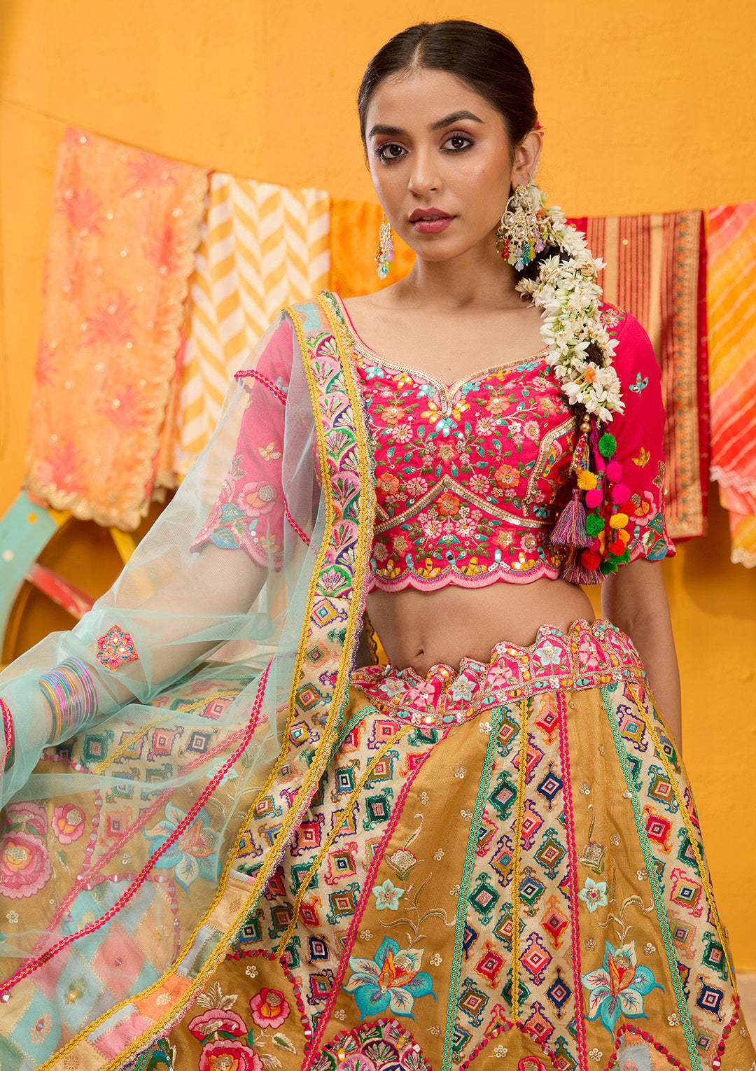 Rani Pink Threadwork Banarasi Readymade Lehenga