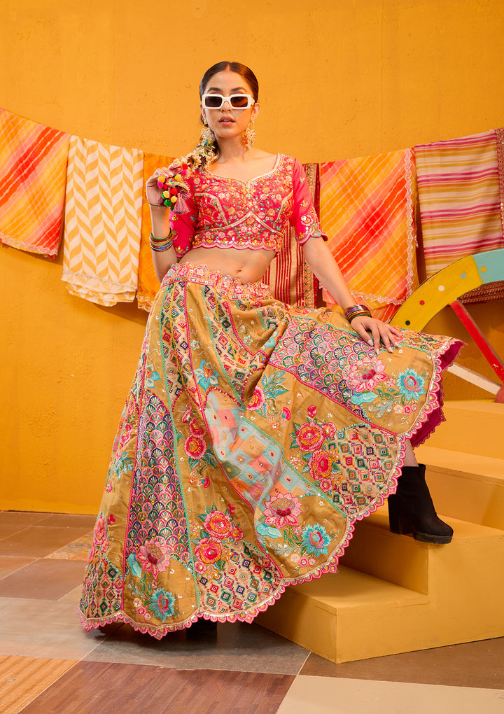 Rani Pink Threadwork Banarasi Readymade Lehenga