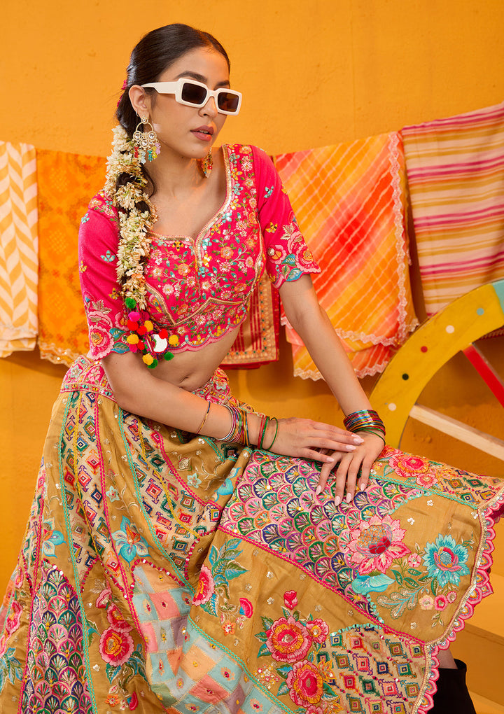 Rani Pink Threadwork Banarasi Readymade Lehenga