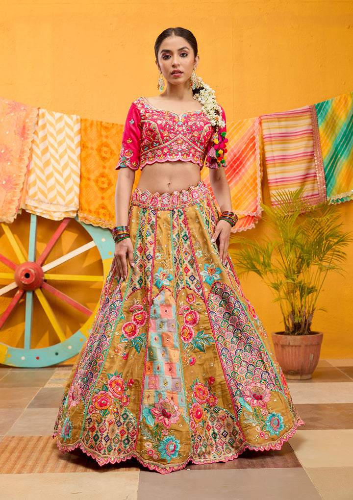 Rani Pink Threadwork Banarasi Readymade Lehenga