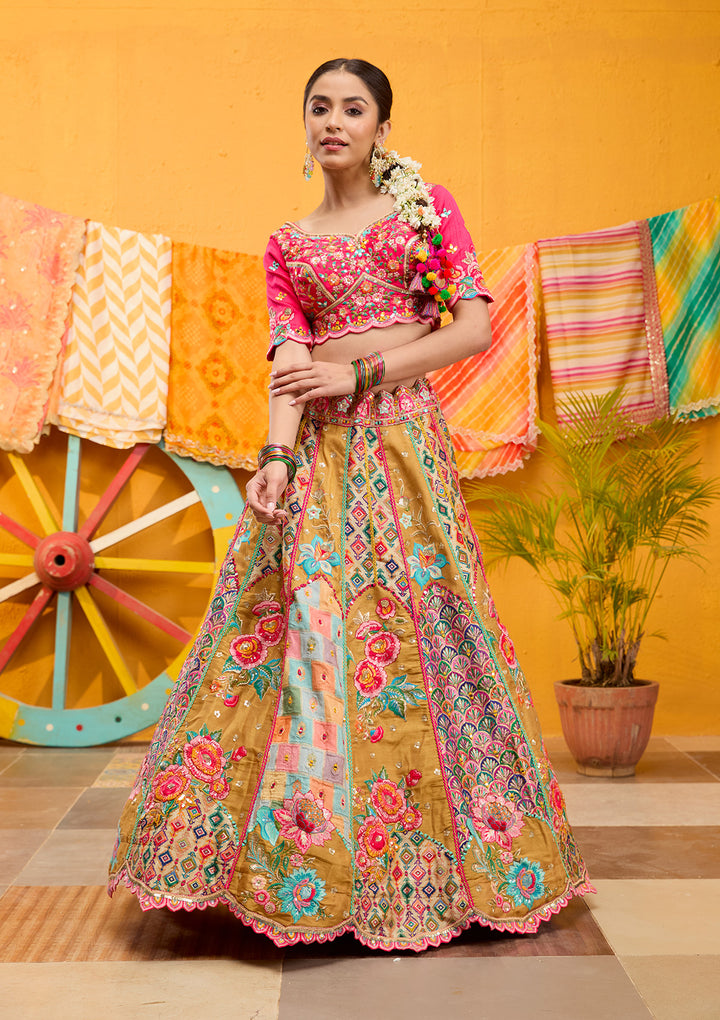 Rani Pink Threadwork Banarasi Readymade Lehenga