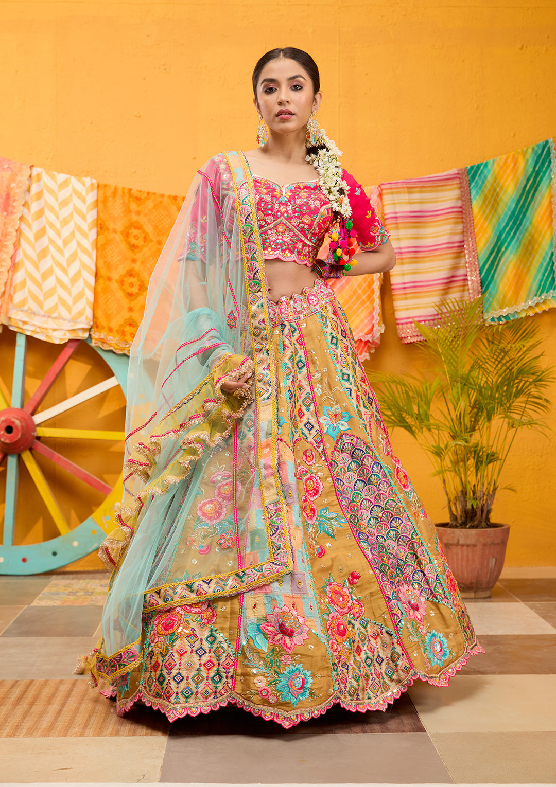 Rani Pink Threadwork Banarasi Readymade Lehenga