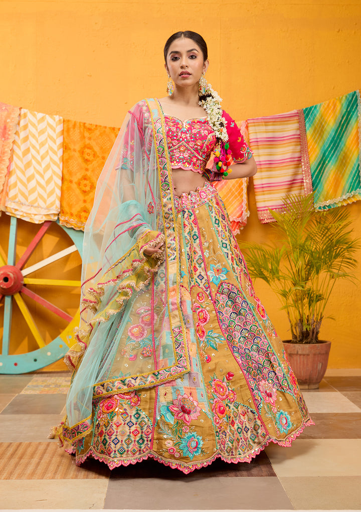 Rani Pink Threadwork Banarasi Readymade Lehenga