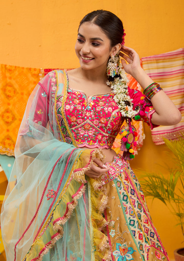 Rani Pink Threadwork Banarasi Readymade Lehenga