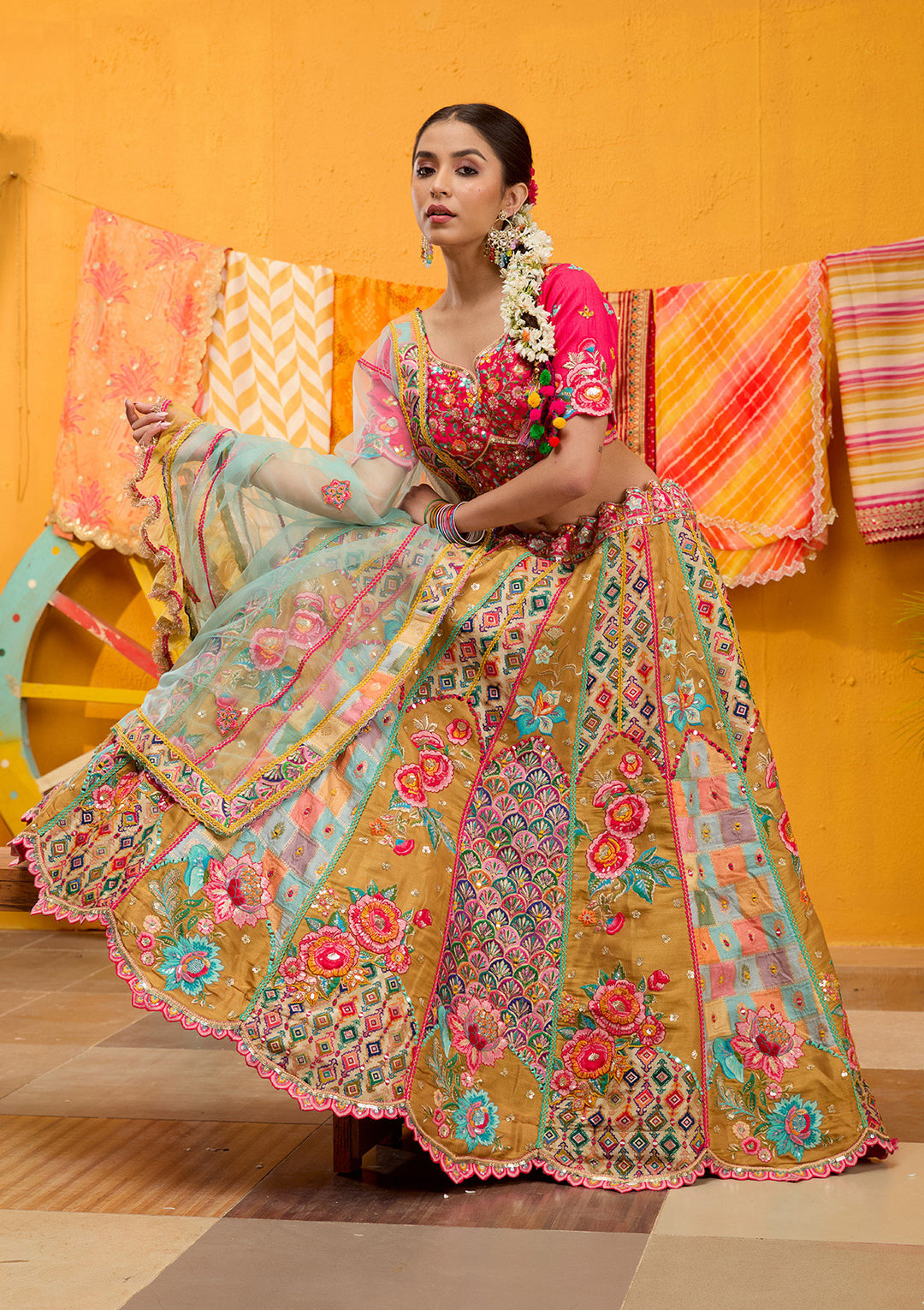 Rani Pink Threadwork Banarasi Readymade Lehenga