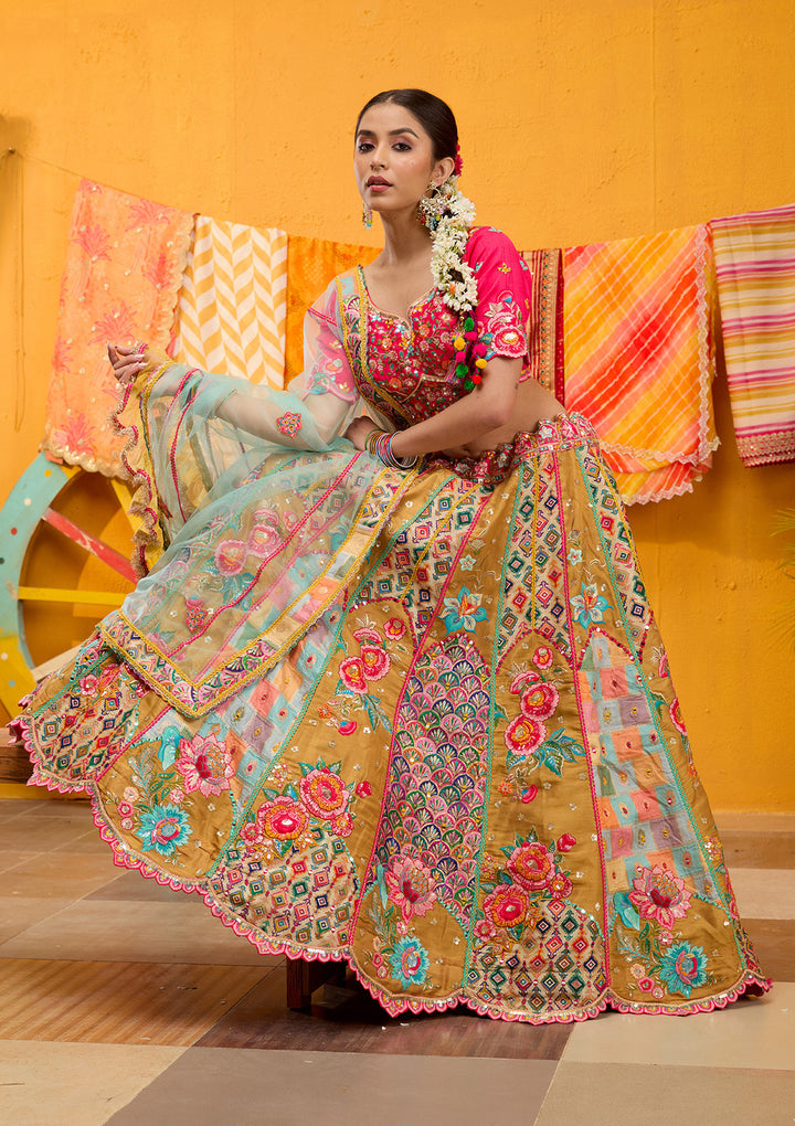 Rani Pink Threadwork Banarasi Readymade Lehenga