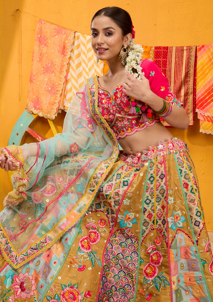 Rani Pink Threadwork Banarasi Readymade Lehenga