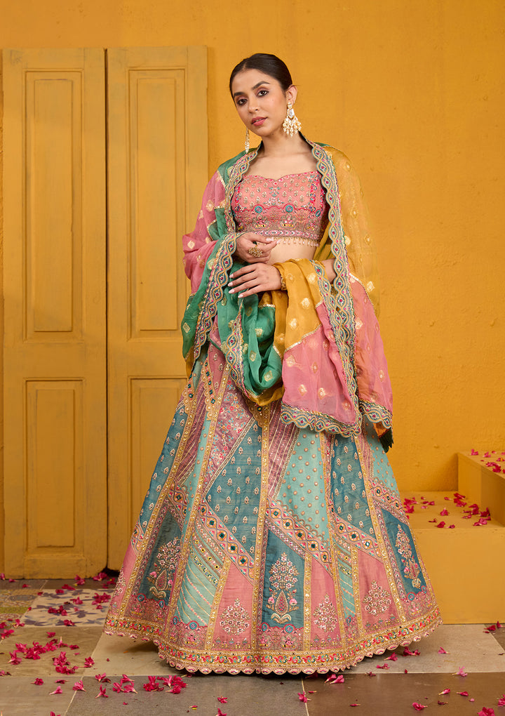 Peach Threadwork Banarasi Readymade Lehenga