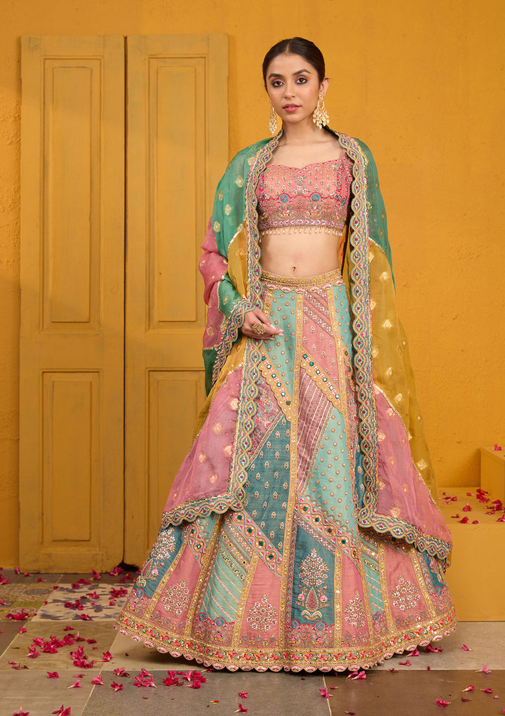 Peach Threadwork Banarasi Readymade Lehenga