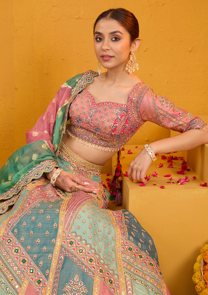 Peach Threadwork Banarasi Readymade Lehenga