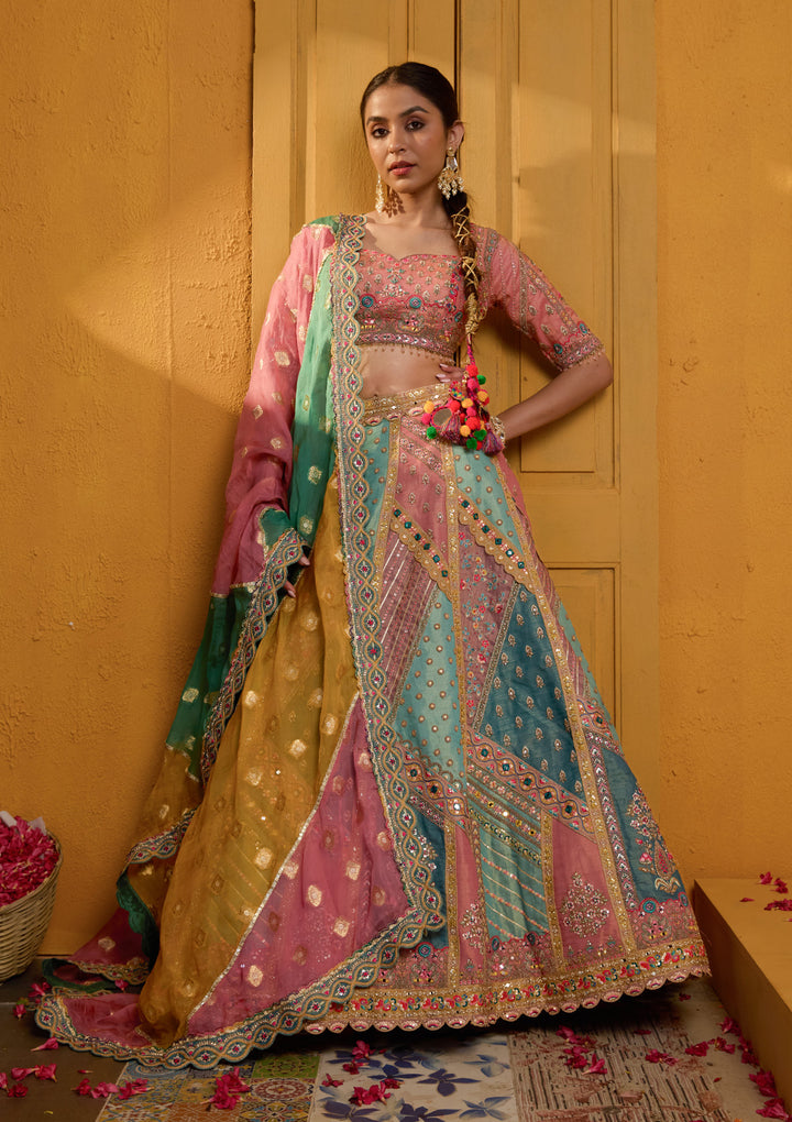 Peach Threadwork Banarasi Readymade Lehenga