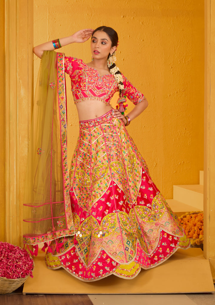 Rani Pink Threadwork Banarasi Readymade Lehenga
