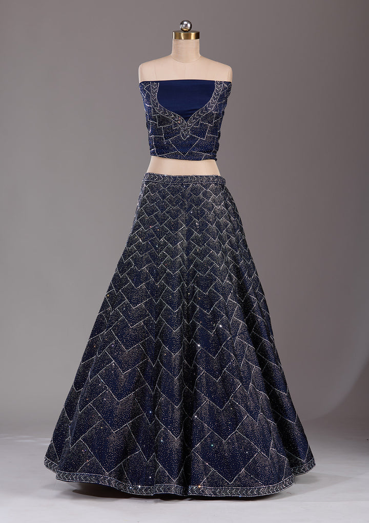 Navy Blue Silver Stonework Semi Crepe Semi-Stitched Lehenga