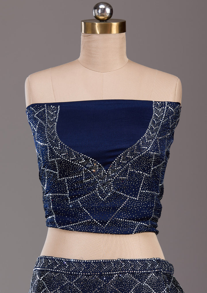 Navy Blue Silver Stonework Semi Crepe Semi-Stitched Lehenga