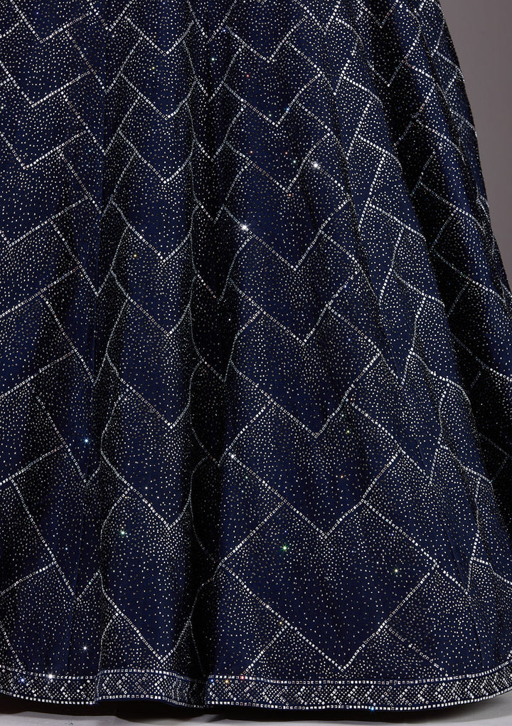 Navy Blue Silver Stonework Semi Crepe Semi-Stitched Lehenga