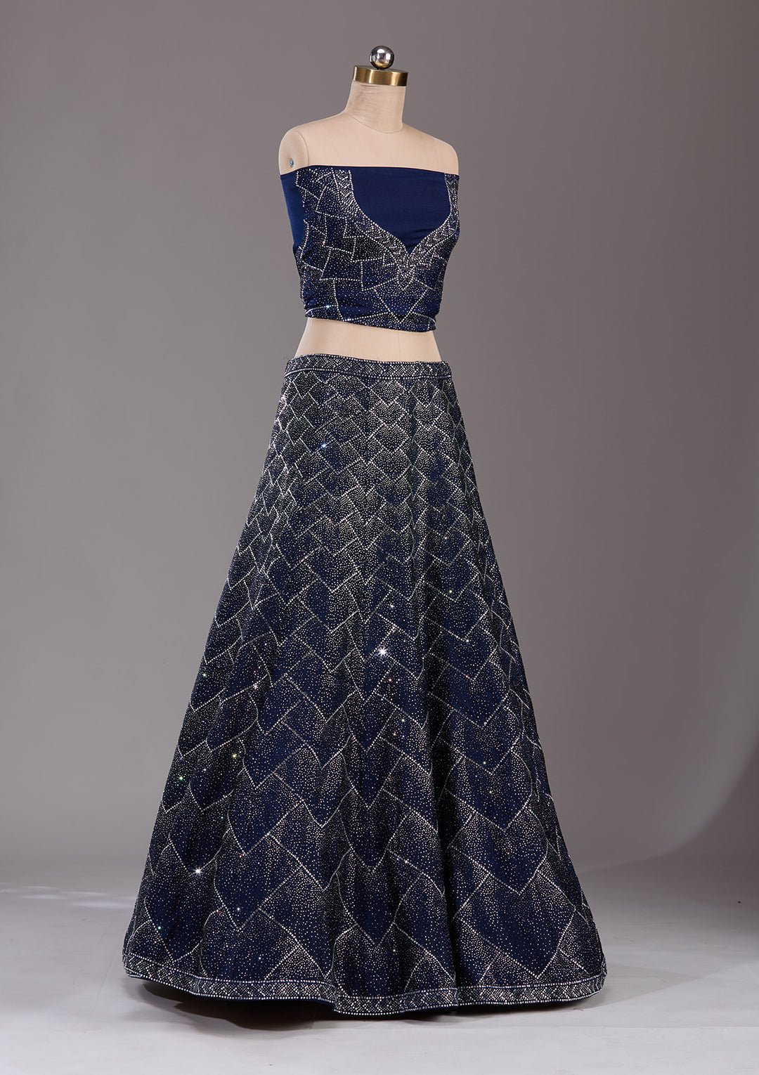 Navy Blue Silver Stonework Semi Crepe Semi-Stitched Lehenga