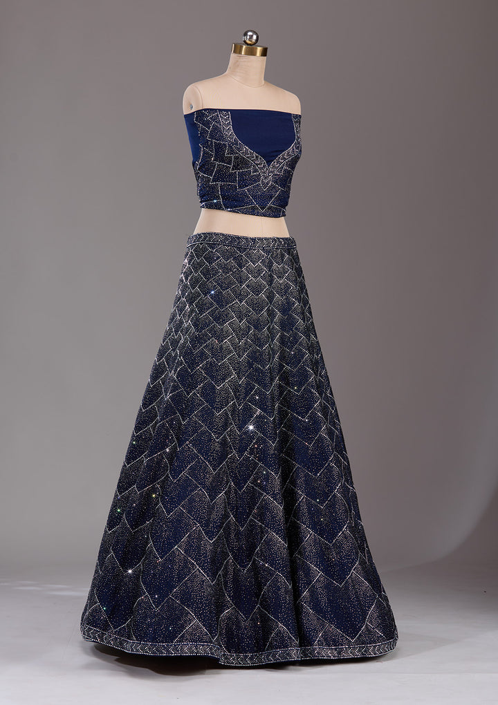 Navy Blue Silver Stonework Semi Crepe Semi-Stitched Lehenga