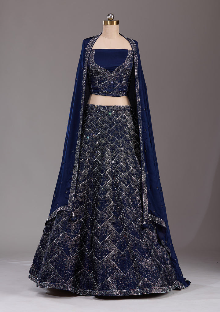 Navy Blue Silver Stonework Semi Crepe Semi-Stitched Lehenga