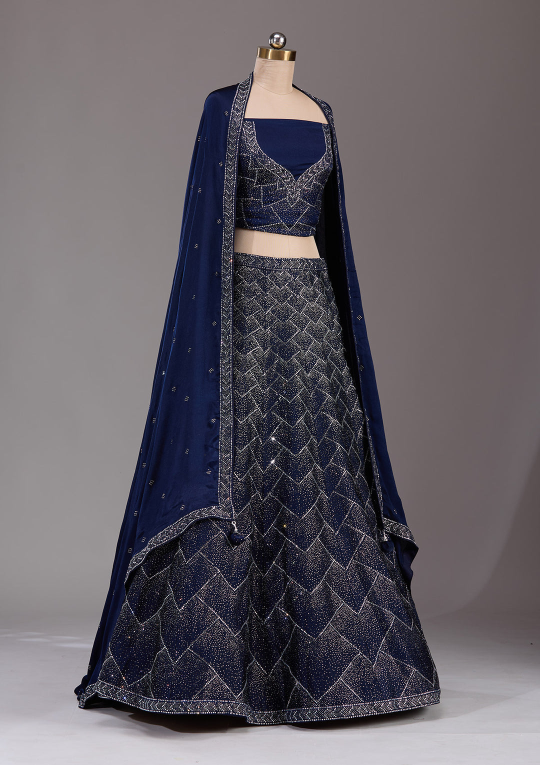 Navy Blue Silver Stonework Semi Crepe Semi-Stitched Lehenga
