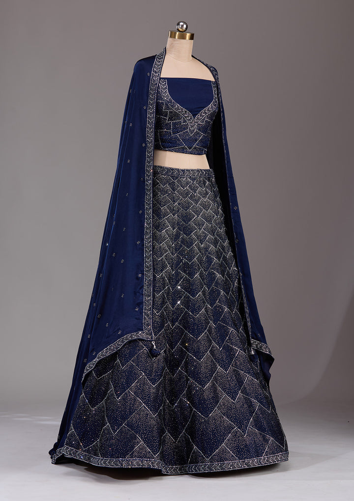 Navy Blue Silver Stonework Semi Crepe Semi-Stitched Lehenga