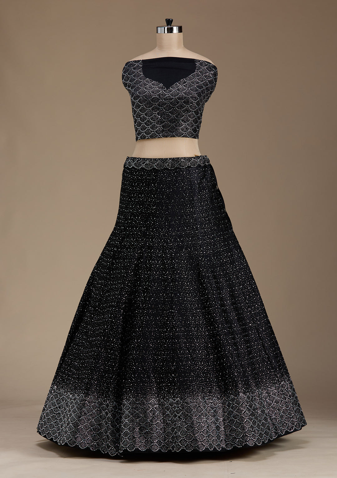 Black Stonework Semi Crepe Semi-Stitched Lehenga