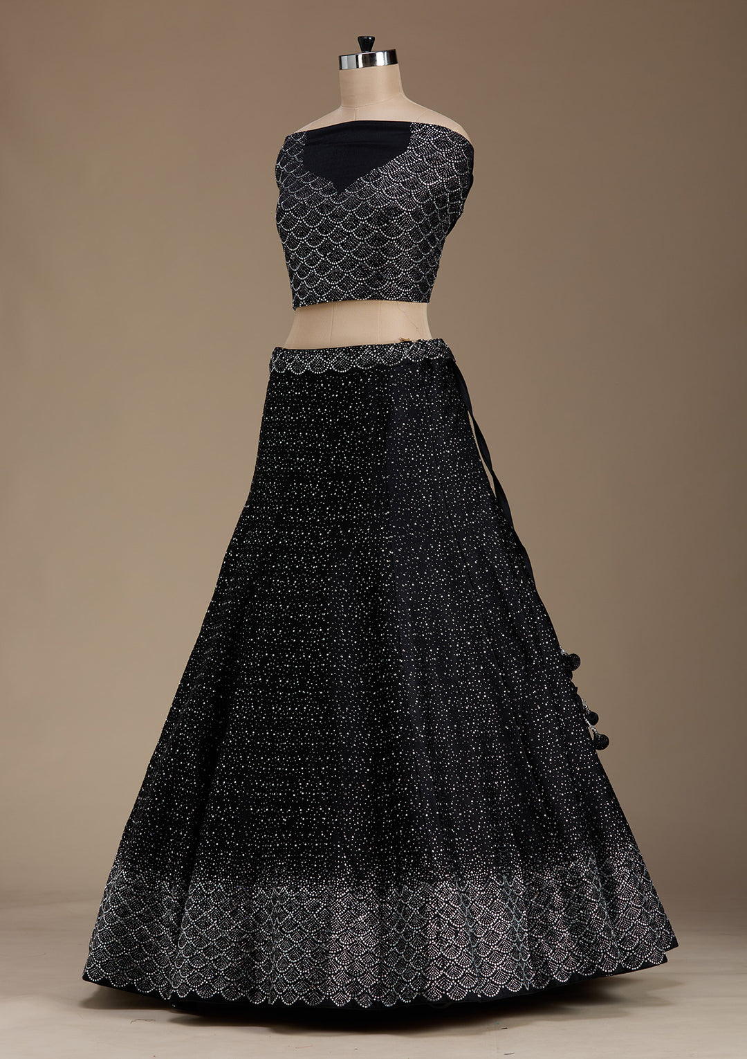 Black Stonework Semi Crepe Semi-Stitched Lehenga