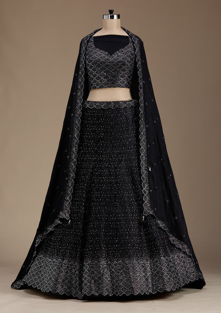 Black Stonework Semi Crepe Semi-Stitched Lehenga