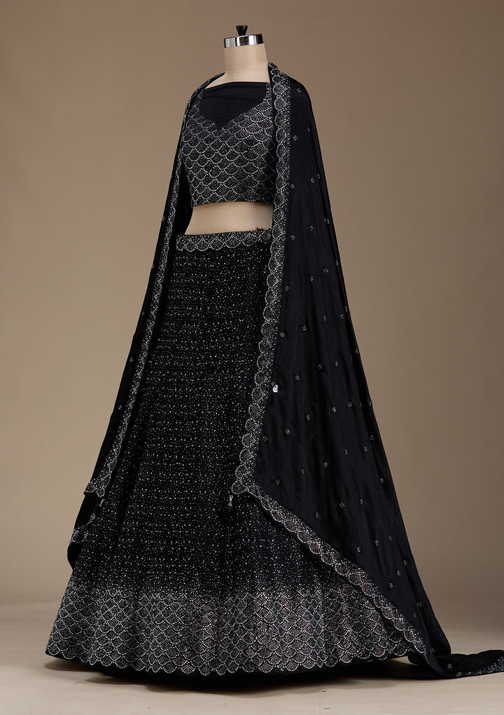 Black Stonework Semi Crepe Semi-Stitched Lehenga