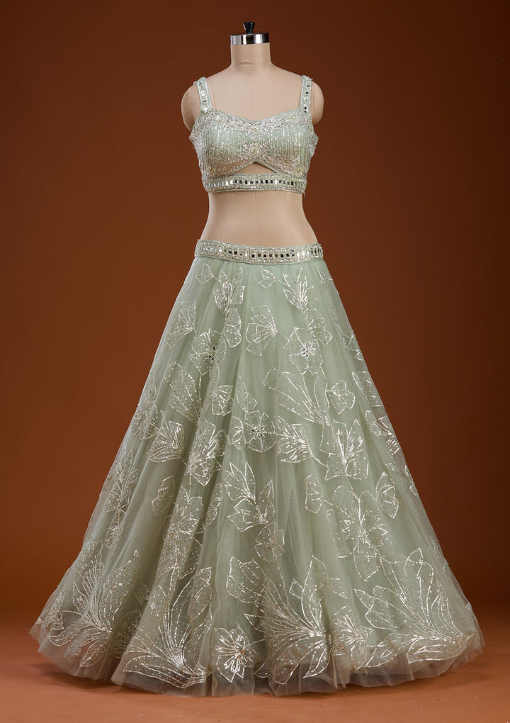 Pista Green Cutdana Net Readymade Lehenga