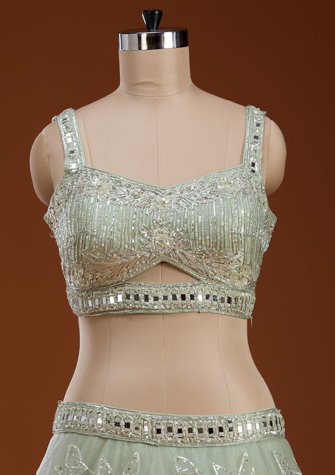 Pista Green Cutdana Net Readymade Lehenga